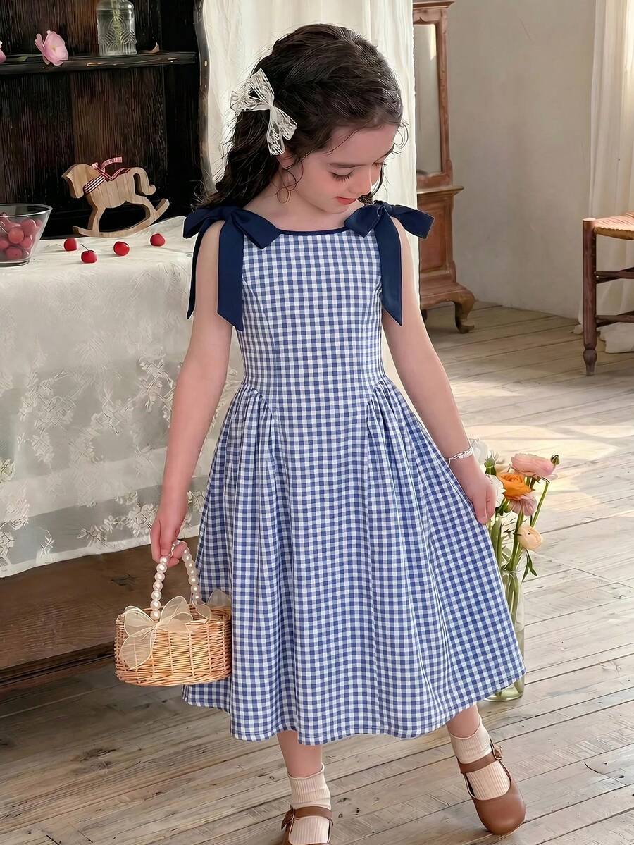 SHEIN LMoss Kids 女童休閒優雅時尚日常百搭紅白格紋圓領可拆式蝴蝶結無袖洋裝 - 藍色 - 查看 1