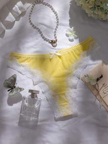 Eraneu 2pcs Bright Yellow Semi-Sheer Underwire Lace Patchwork Lingerie Set For Women - Yellow - View 9