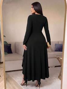 SHEIN Lady CURVE Plus Size Women's Elegant Long Sleeve Pleated Dress, Yellow, Autumn/Winter Fall - Black - View 2
