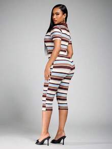 Radiana Women's Summer Casual Minimalist Fashion Commuter Style Fitted Jumpsuit, Short Sleeve Black And White Striped POLO Collar Cropped Jumpsuit, Fitted Capri Pants, Knitted High Elastic Slim Fit Jumpsuit, Casual Jumpsuit, Suitable For Daily Casual Outings, Urban, Commuting, Office, Professional Wear, Casual Wear, Vacation, Holiday Travel Clothing - Multicolor - View 4