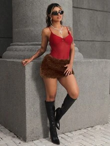 Rayane Ketlyn 女士性感蓬松酒红色低腰迷你裙 - 咖啡棕 - 查看 5