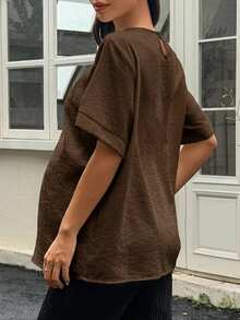 DAZY White Round Neck Short Sleeve Pullover Top, Versatile Spring/Summer Daily Wear Maternity Shirt - Brown - View 2