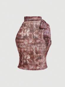 SHEIN MOD 女款大尺碼抓皺胸部無袖背心，綁帶復古印花背心，波希米亞風，音樂節穿搭 - 彩色 - 查看 3