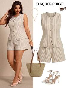 Elaquor Plus Size Summer Casual Elegant Commute Formal Vacation White Vest And Shorts 2 Pieces Set Formal Office Work Two Piece Sets For Women Outfit Sets - Multicolor - View 3