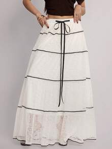 Rina Fox Falda Maxi Blanca de Encaje Francés Chic con Capas, Cintura Elástica con Volantes y Ribete Negro, Estilo Coquette, Falda Larga Fluida, Falda Vintage de Encaje Francés con Capas, Cintura Elástica con Ribete Negro, Falda Maxi Transparente SXY Romántica de Encaje con Capas, Cintura Elástica con Ribete Negro, Falda Larga Fluida, Falda Boho Blanca de Encaje con Capas, Cintura Elástica con Ribete Negro, Falda Maxi Fluida para Verano - Blanco - Ver 1