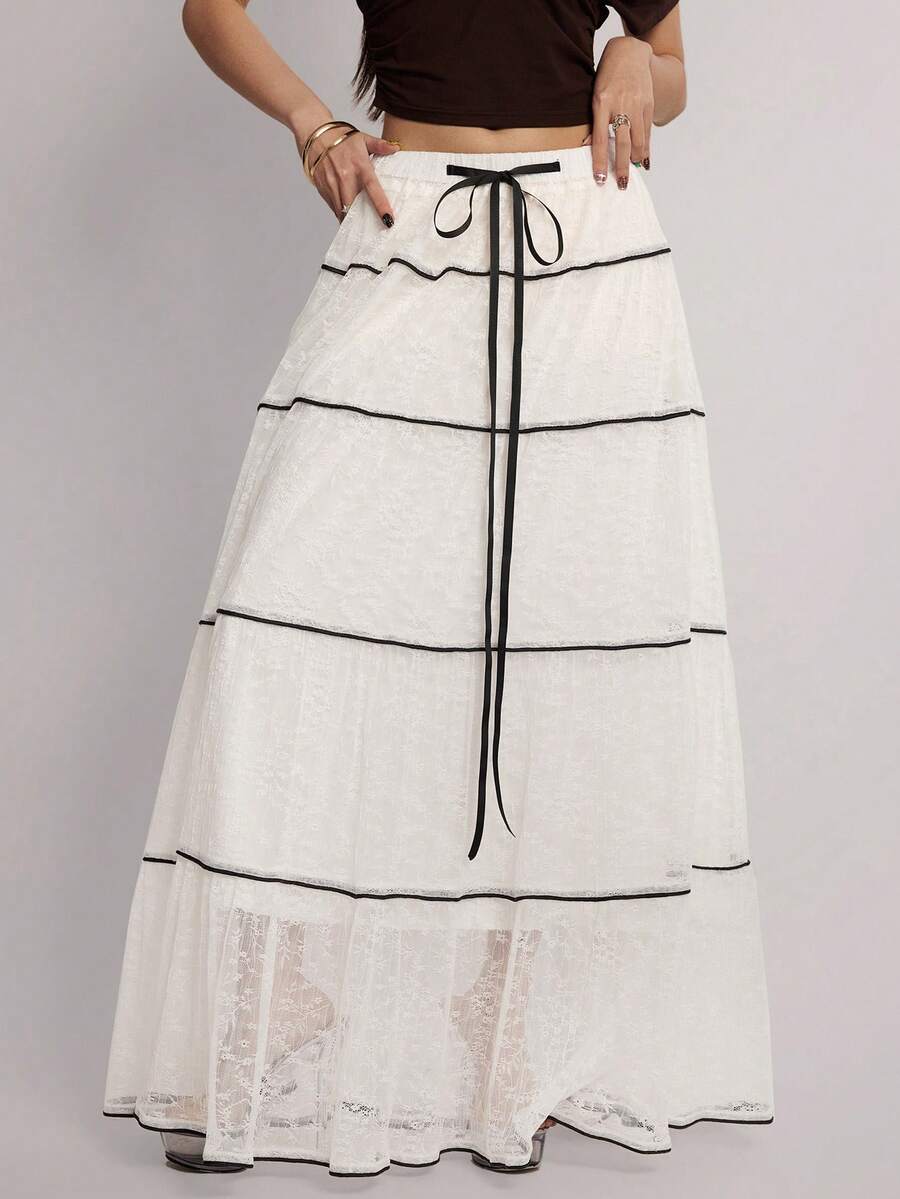 Rina Fox Falda Maxi Blanca de Encaje Francés Chic con Capas, Cintura Elástica con Volantes y Ribete Negro, Estilo Coquette, Falda Larga Fluida, Falda Vintage de Encaje Francés con Capas, Cintura Elástica con Ribete Negro, Falda Maxi Transparente SXY Romántica de Encaje con Capas, Cintura Elástica con Ribete Negro, Falda Larga Fluida, Falda Boho Blanca de Encaje con Capas, Cintura Elástica con Ribete Negro, Falda Maxi Fluida para Verano - Blanco - Ver 1