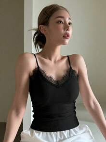 Women's Solid Color Contrast Lace Ribbed Camisole - Black - View 5