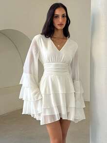Aloruh Boho Romantic Tropical European Elegant White Deep V-Neck Multi-Layer Hem Bell Sleeve Fitted Waist Mini Dress For Women Wedding Vacation Beach Fall - Apricot - View 8