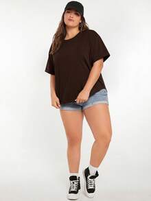 SHEIN BASICS 大尺碼夏季休閒百搭純色短袖T恤 - 棕色 - 查看 5