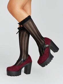 ROMWE Goth Women's Thick Sole Bow Decor Fashion High Heels - Burgundy - View 3
