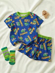 TEENAGE MUTANT NINJA TURTLES | SHEIN Young Boy Round Neck All-Over Print Short Sleeve Top And Shorts Casual Daily Home Sleepwear Set - Green - View 1