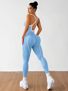 SHEIN Dewbera 女款拼色休閒日常旅行運動細肩帶連身褲 - 藍色 - 查看 3