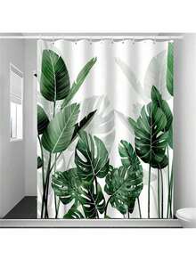 1pc Bright Green Leaf Pattern Shower Curtain - Waterproof, Polyester Woven Fabric, Leaf Pattern, Plant Theme, Machine Washable, Polyester Material, Does Not Block Light, Lightweight And Breathable - Green - View 4