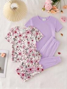 SHEIN 女童休閒簡約修身舒適圓領短袖長褲家居服套裝，4件組，適合春夏 - 彩色 - 查看 5