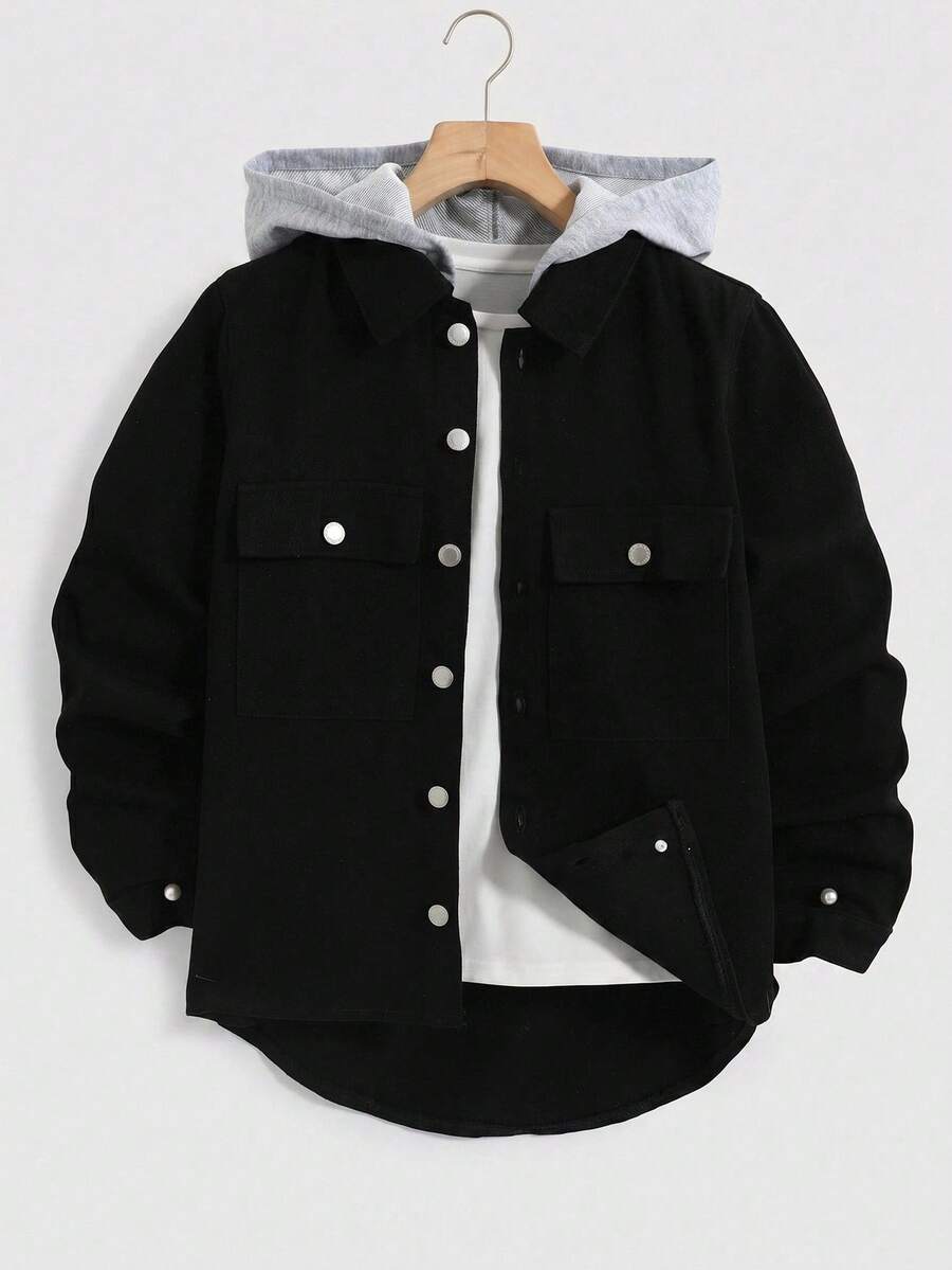 SHEIN 青少年男孩时尚休闲撞色针织连帽黑色牛仔夹克,适合日常穿着和返校服装 - 彩色 - 查看 1