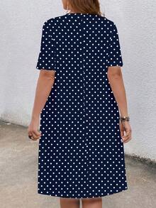 EMERY ROSE Plus Size Fashion Polka Dot Print Pocket Round Neck Short Sleeve Dress - Navy Blue - View 2