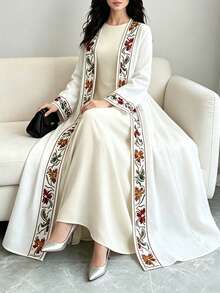 SHEIN Najma 花卉蕾絲仿刺繡印花白色女款優雅阿拉伯式長袍，春秋時尚長袖開襟長外套，阿拉伯風情服飾 - 彩色 - 查看 4