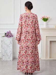 Al Najma 花卉印花對比滾邊前開扣優雅洋裝 - 紅色 - 查看 7