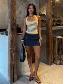 SHEIN BAE Contrast Color Striped Halter Neck Cropped Slim Fit Sexy Women's Sweater - Butter Yellow - View 3