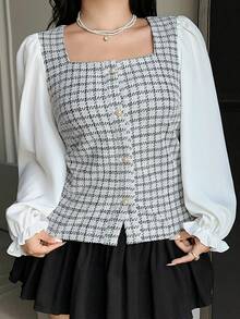 Dazy Plus Blusa elegante de talla grande con bloques de color, patchwork y puños acampanados para primavera, verano y otoño - Gris - Ver 5