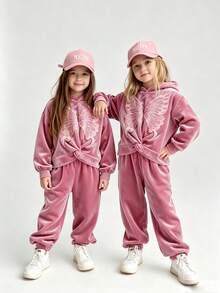SHEIN Elladie kids 女童連帽外套套裝，休閒可愛復古 Y2K 風格，連帽衫，適合秋季返校、戶外、運動、日常穿著，舒適保暖套裝 - 粉色 - 查看 1