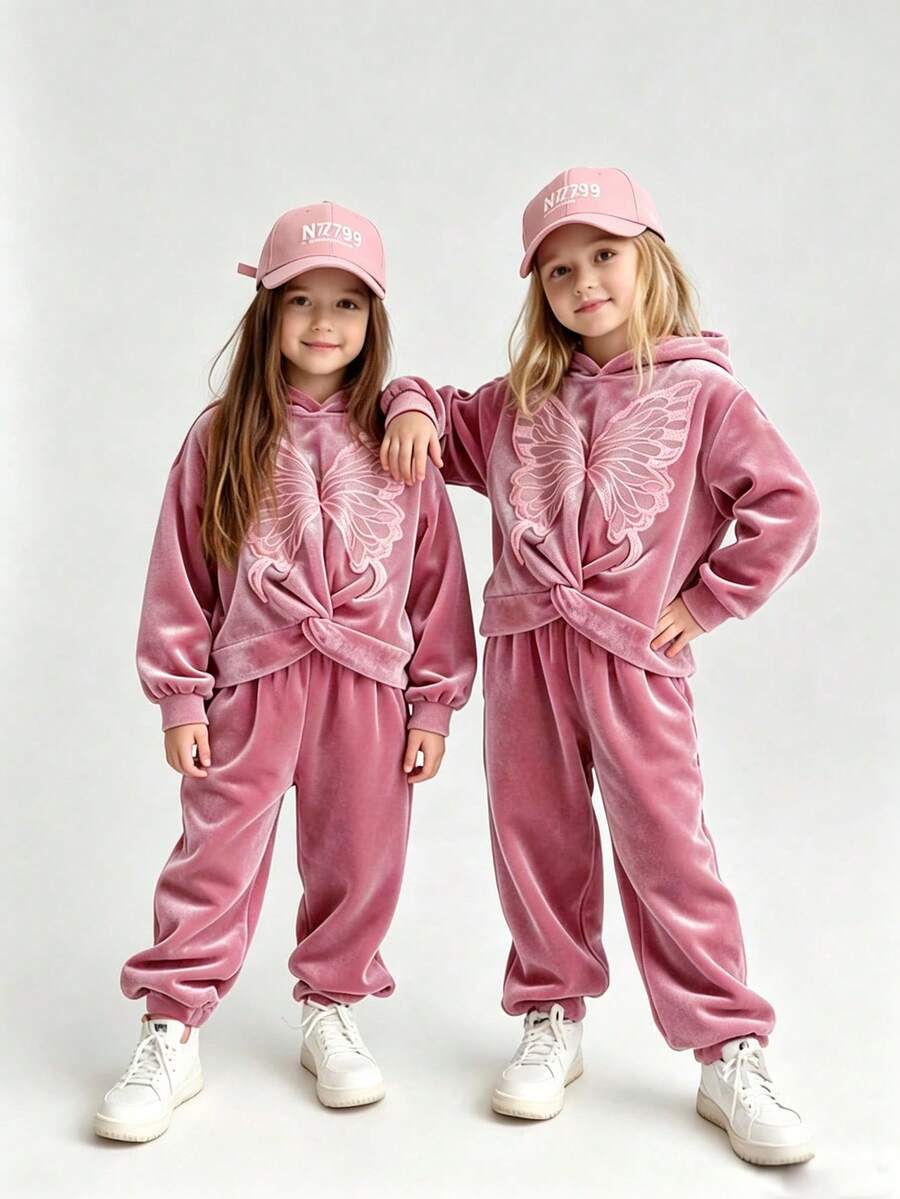 SHEIN Elladie kids 女童連帽外套套裝,休閒可愛復古 Y2K 風格,連帽衫,適合秋季返校、戶外、運動、日常穿著,舒適保暖套裝 - 粉色 - 查看 1