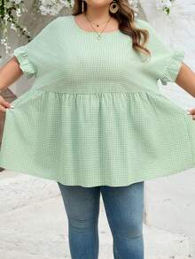 SHEIN CURVE+ Curve Size US22 音樂節、海邊度假、波希米亞 CURVE PLUS / / 女款格紋印花襯衫，適合春夏波希米亞風度假，休閒娃娃風襯衫 - 綠色 - 查看 6