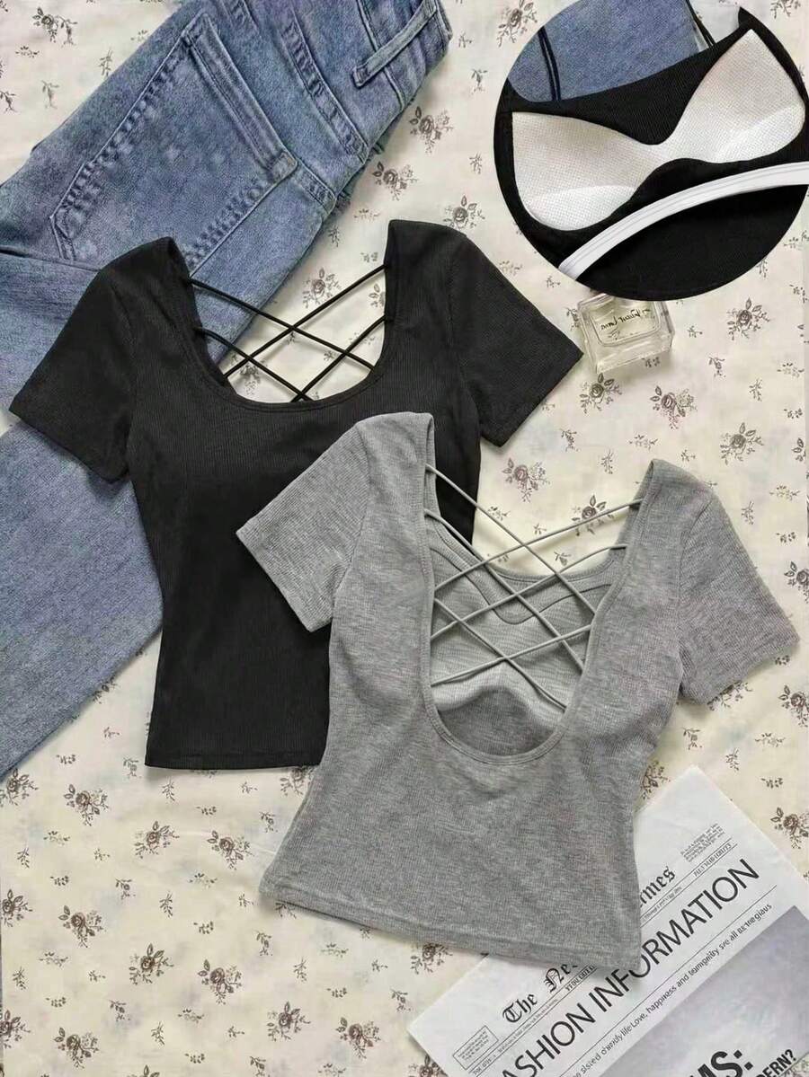 SHEIN EZwear 休闲纯色吊带T恤,带衬垫胸罩,夏季上衣,罗纹T恤,适合日常通勤、约会、聚会、秋冬夏三季、圣诞节、新年、感恩节、派对、婚礼、海滩、毕业典礼等场合,时尚、优雅、休闲、外出、约会、预订、通勤、闪亮、情人节、优雅、度假、休闲、Y2K、外出、毕业典礼等。 - 彩色 - 查看 1
