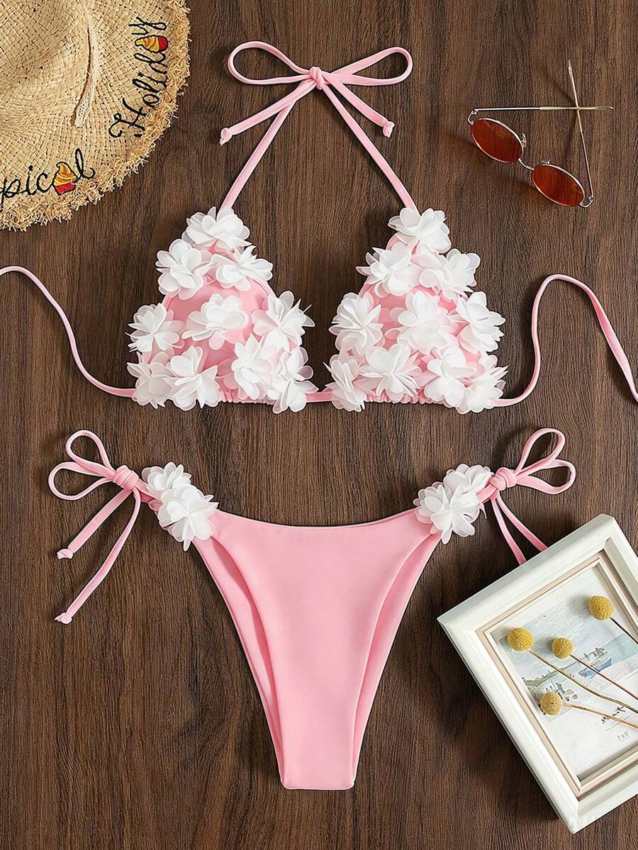 Swim Mod Vacation Beach Solid Color 3D Floral Decor Two-Piece Swimsuit Set - Pink - View 1
