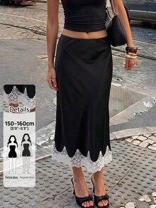 Sinnesro 女款優雅對比蕾絲下擺裙 - 黑色 - 查看 8