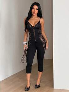 SHEIN ICON Women's Lace Patchwork Sexy Bandage Fitted Camisole Jumpsuit Club Night Out Black Summer Halloween - Black - View 7