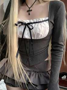 Livesso 女款性感風拼接撞色休閒街頭風修身短版長袖T恤 秋季 - 灰色 - 查看 1