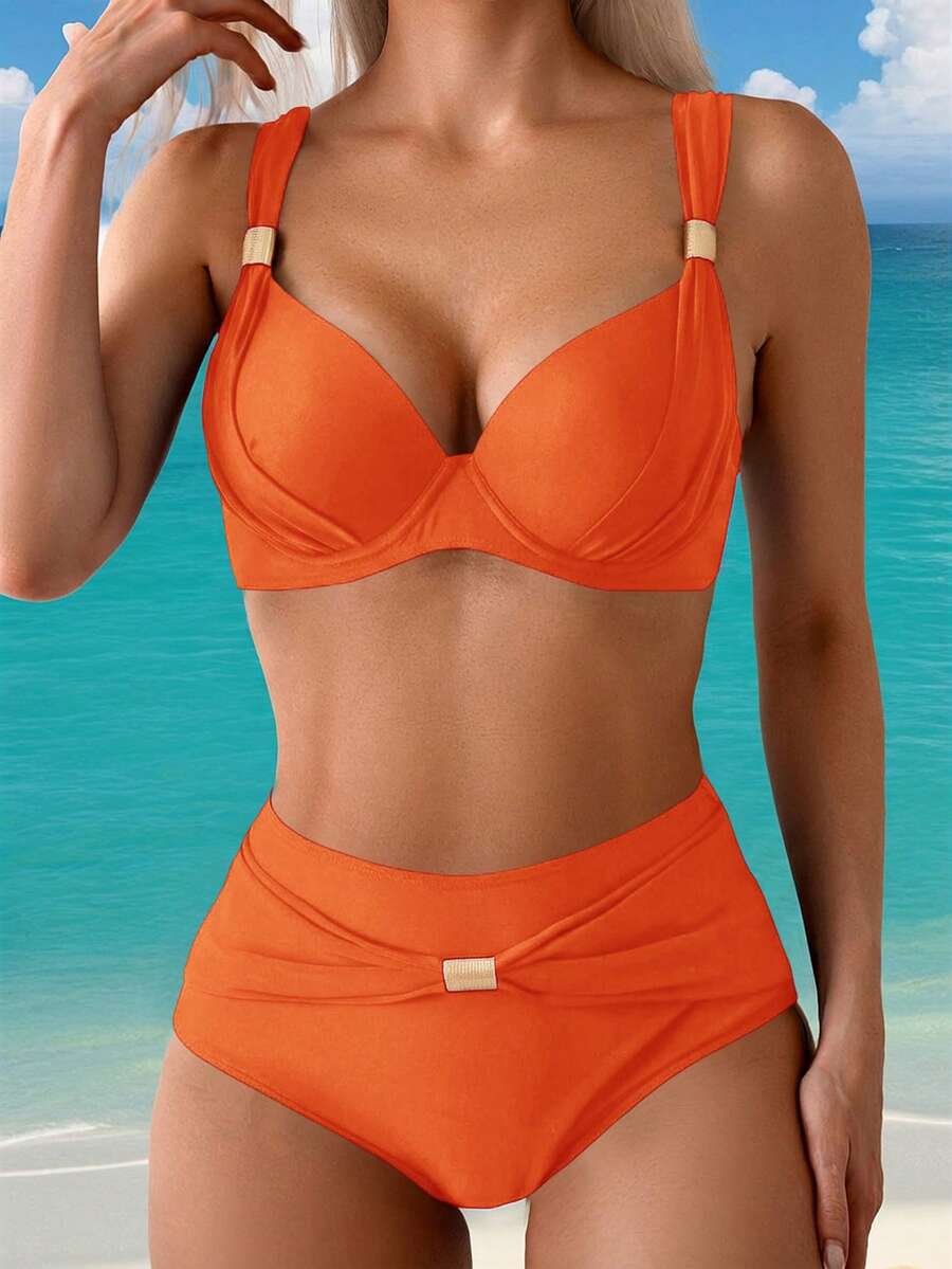 Swim Lushoire 女款度假金屬背心與抓皺三角比基尼泳褲泳裝套裝 - 橘色 - 查看 1