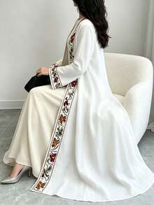 SHEIN Najma 花卉蕾絲仿刺繡印花白色女款優雅阿拉伯式長袍，春秋時尚長袖開襟長外套，阿拉伯風情服飾 - 彩色 - 查看 5