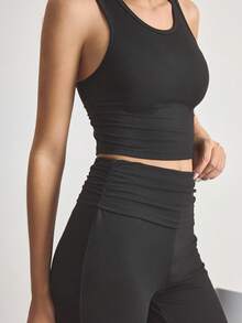 Ocili Women's Solid Color Minimalist Round Neck Tank Top And Pleated Long Pants Pajama Set - Black - View 7