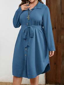 EMERY ROSE Plus Size Women Solid Color Waist Tie Casual Daily Wear Dress Fall - Dusty Blue - View 3