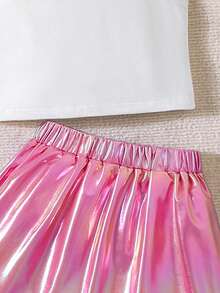 SHEIN Elladie kids Set di canotta con stampa di lettere e cartoni animati e gonna plissettata laser per ragazza giovane - Rosa - Visualizzare 6