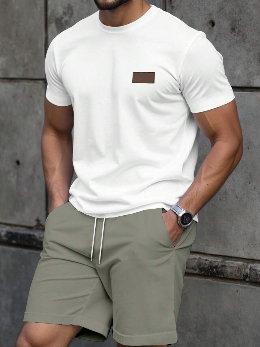 Manfinity Homme 男士皮革拼接裝飾休閒修身T恤套裝 - 彩色 - 查看 1
