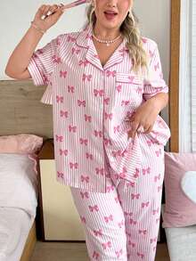 Slumberry CURVE Sweet Ins Bow Print Plus Size Pajama Set - Pink - View 5