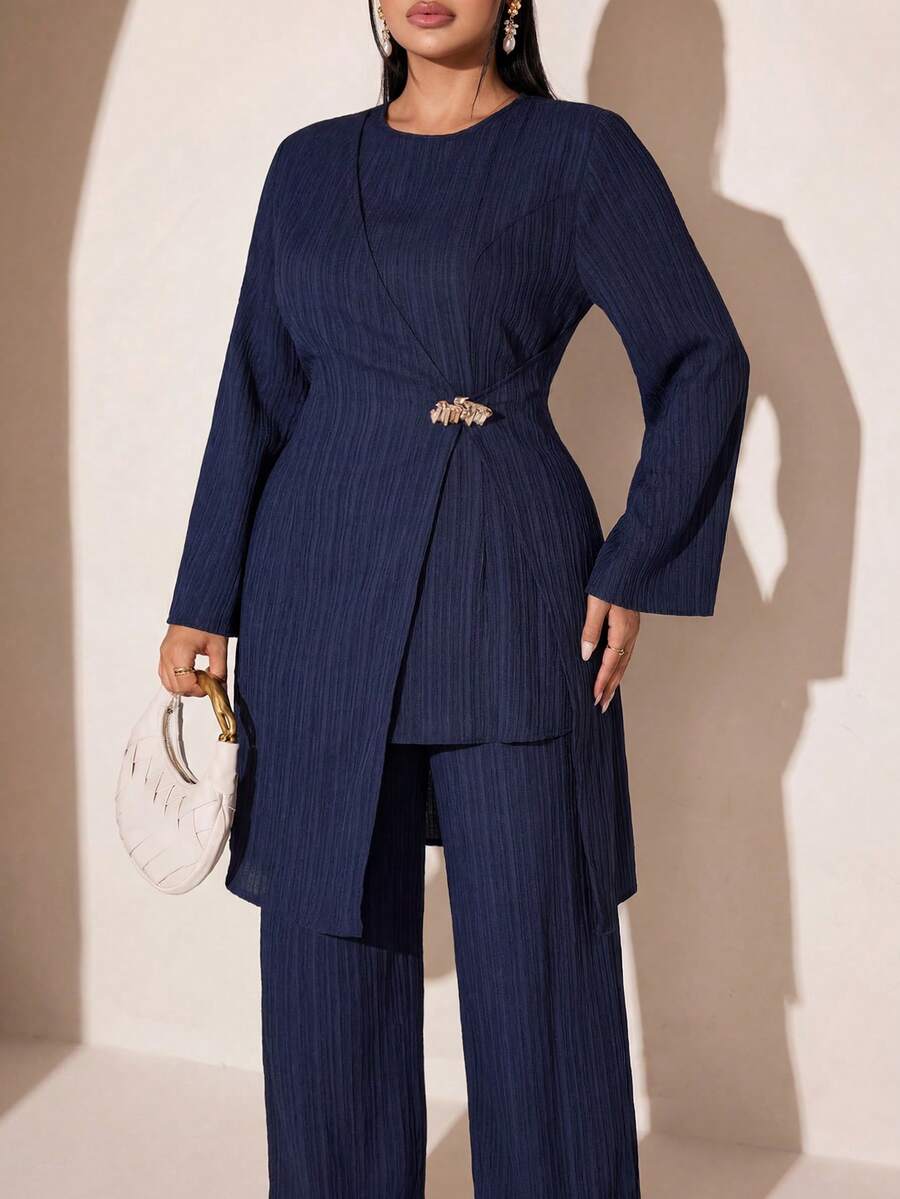 Veilorie Plus Size Solid Color Wrap Top And Pants 2 Pieces Set - Blue - View 1