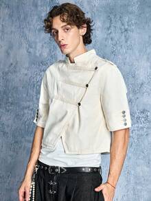 ROMWE MEN Casual Men's Solid Color Small Stand Collar Metal Button Shoulder Epaulette Decor Court Style Asymmetric Placket Half Sleeve Denim Shirt - White - View 4