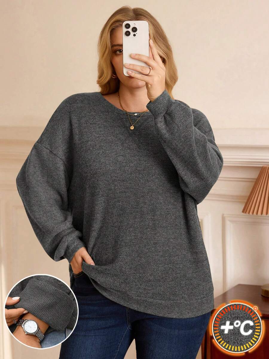 EMERY ROSE Sudadera de talla grande minimalista de unicolor con cuello redondo y manga larga, versátil para uso diario - Gris Oscuro - Ver 1