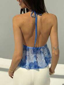 Aloruh New Summer Orange Floral Tropical Print Sexy Deep V Backless Crop Top, Suitable For Going Out, Beach, Vacation - Dusty Blue - View 2