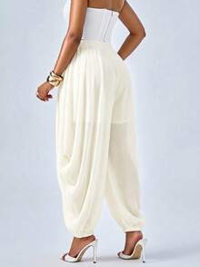 SOLERSUN White Threaded Chiffon Non-Stretch Fabric Elastic Waistband Loose Pleated Trousers Picnic Party Summer Elegant Beach - Apricot - View 3