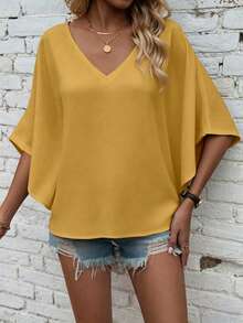 EMERY ROSE Áo sơ mi tay ngắn cổ chữ V màu trơn, dáng rộng, thoải mái, thích hợp cho kỳ nghỉ. - Màu vàng - Xem 8
