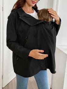 SHEIN Maternity Solid Color Zip-Up Hooded 3-In-1 Jacket Autumn /Winter Casual Office Family Vacation Beach Black - Black - View 7