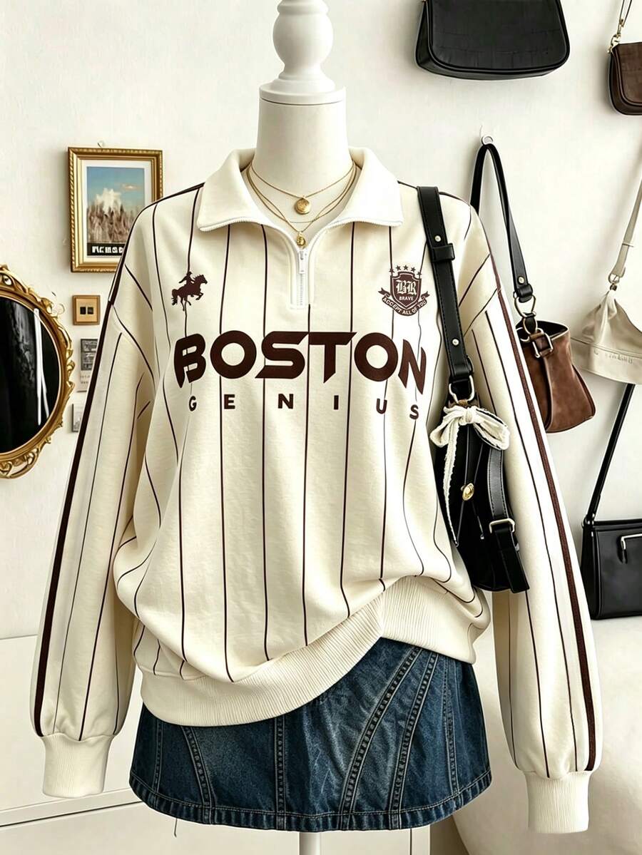 Lalippa 女款美式復古直條紋半拉鍊 Polo 運動衫,BOSTON 字母寬鬆版型翻領長袖上衣,BOSTON 復古學院風運動衫 - 彩色 - 查看 1