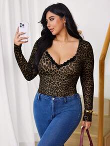 SHEIN Tall CURVE 大码女式撞色蕾丝豹纹性感连体衣 - 彩色 - 查看 6