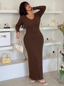 SHEIN EZwear Plus Solid V Neck Bodycon Dress Date Night Dress, Winter - Brown - View 5
