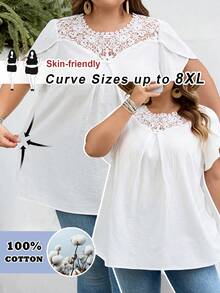 SHEIN CURVE+ Curve Size US22 音樂節海邊度假波希米亞風女款蕾絲花卉印花花瓣短袖襯衫 夏季鄉村海灘度假穿搭/海灘穿著 - 白色 - 查看 2